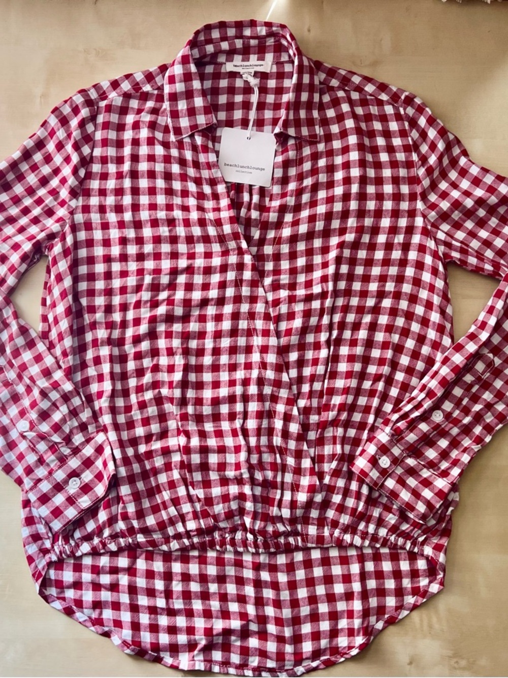 Americana Coastal Boho Red and White Gingham Surplice Blouson Long Sleeve Top